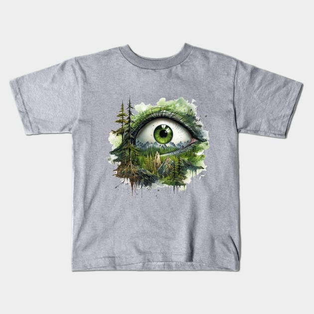 Green Creepy Eye in the Forest Kids T-Shirt by tfortwo